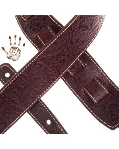 Guitar Strap Bordeaux Certified Vegetable Tanned Leather 6 Cm Flores Holes HS Embossed 