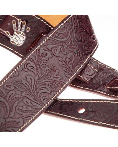 Guitar Strap Bordeaux Certified Vegetable Tanned Leather 6 Cm Flores Holes HS Embossed 