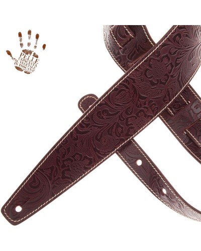 Guitar Strap Bordeaux Certified Vegetable Tanned Leather 8 Cm Flores Holes HS Embossed 