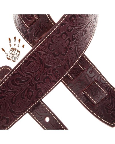 Guitar Strap Bordeaux Certified Vegetable Tanned Leather 8 Cm Flores Holes HS Embossed 