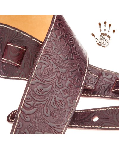 Guitar Strap Bordeaux Certified Vegetable Tanned Leather 8 Cm Flores Holes HS Embossed 