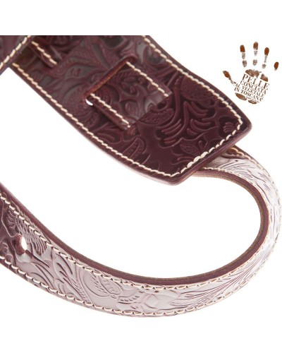 Guitar Strap Bordeaux Certified Vegetable Tanned Leather 8 Cm Flores Holes HS Embossed 