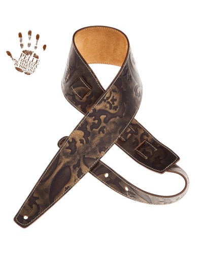 Guitar Strap Bronze Certified Vegetable Tanned Leather 8 Cm Holes HS Embossed 